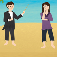 Two cartoon characters stand on a beach