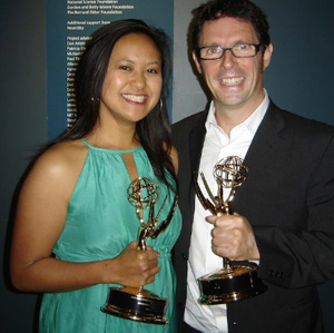 Marissa Aroy and Niall McKay hold Emmy Awards for their documentary "Sikhs in America." Aroy has been commissioned to create a documentary film about the history and contributions of Asians and Asian-Americans at W&M.