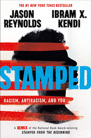 A book cover shows a person's head on silhouette with red stripes on top of it and the word Stamped