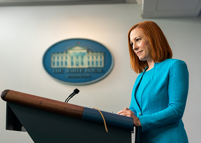 White House Press Secretary Jen Psaki addresses reporters  in the James S. Brady Press Briefing Room of the White House. (Official White House Photo by Cameron Smith)