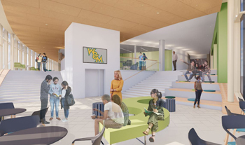 Students will enjoy engaging spaces for meetings, social events, speakers, performances and other community gatherings. (Image courtesy of Grimm + Parker architects and William Rawn & Associates)