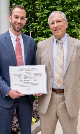 Orth (right) and former Ph.D. student Jonathan Lefcheck receive their 2018 Cozzarelli Prize following the Awards Ceremony at the National Academy of Sciences Annual Meeting. Photo by M. Finkenstaedt
