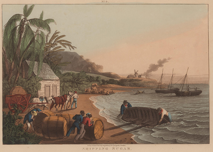  Rendering of enslaved individuals loading casks of sugar onto boats which are loaded onto small ships, taken from William Clark's Ten views of the island of Antigua, circa 1823 (Courtesy John Carter Brown Library/Brown University)