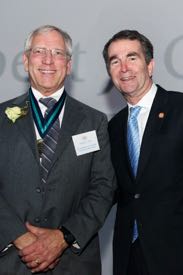 Virginia Gov. Ralph Northam (R) congratulates VIMS professor Robert Orth on his selection as one of Virginia's STEM Outstanding Scientists for 2018. Photo by R. D’Angelo/SMV