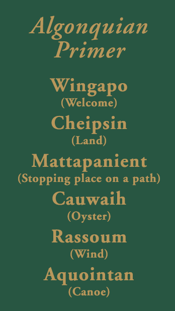 A graphic that says Algonquin primer: Wingapo (Welcome), Cheipsin (Land), Mattapanient (Stopping place on a path), Cauwaih (Oyster), Rassoum (Wind), Aquointan (Canoe)