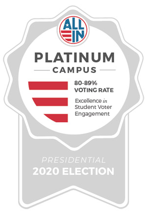 A graphic showing a seal in gray with the words All In Platinum Campus 80-90% voting rate