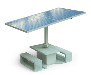 A graphic showing two benches and a table with an umbrella in the middle of it, the top of which is made of solar panels