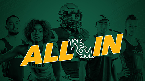 A graphic shows images of people in different sports uniforms against a green background with the test "All W&M In" at the top in gold