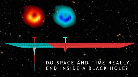 A graphic that shows two circles in space with the words do space and time really end inside a black hole