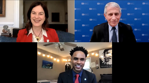 A screenshot shows a Zoom call with three people in different boxes