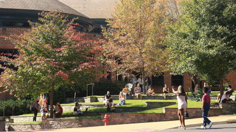 Students socializing outside Sadler Center