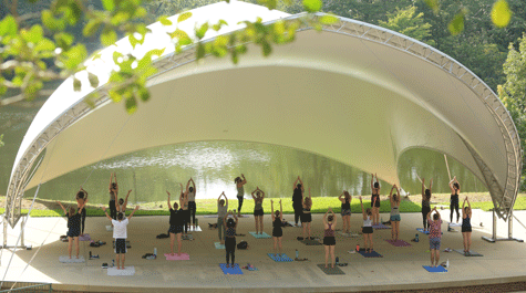 Students doing yoga at Martha Wren Briggs Amphitheatre