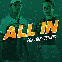A graphic that shows two people in the background and the words All in for Tribe Tennis