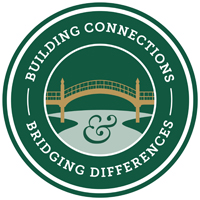 A graphic that includes a green circle, image of a bridge and ampersand and the words building connections and bridging differences