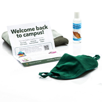 Masks, hand sanitizer, hand wipes and a piece of paper that says welcome back to campus