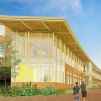 An artist's rendering shows a building with large windows next to a brick pathway