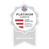 A graphic showing a seal in gray with the words All In Platinum Campus 80-90% voting rate