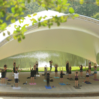 Students doing yoga at Martha Wren Briggs Amphitheatre