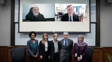 From top left, clockwise: Mohammad Masoom Stanekzai, General David H. Petraeus, Dr. Sima Samar, Ambassador Ryan Crocker, Alissa Johannsen Rubin, Professor Christie Warren, Director, CLS/PCP, and Mechelle A. King '21, Deputy Director, CLS/PCP.