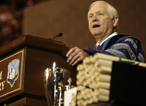 U. S. Secretary of Defense Robert M. Gates ('65) addressed graduates at William and Mary's commencement May 20, 2007. By Stephen Salpukas.