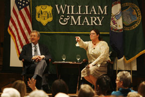 Mann (l) takes questions from an audience at the College.