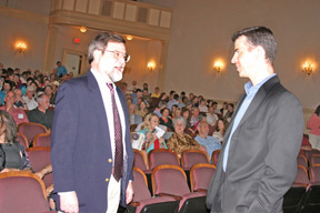 Randy Turner (left) of the Virginia Department of Historic Resources talks with William and Mary archaeologist Martin Gallivan in the Kimball Theater before the premier screening of the NOVA episode “Pocahontas Revealed.”