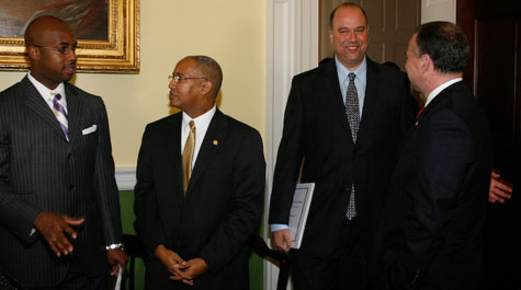 Rey (l) waits to speak with Va. Gov. Tim Kaine (r). Photo courtesy of Governor's Press Office.