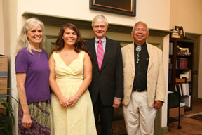 (Left to Right) Frances Broaddus-Crutchfield, Morgan Faulkner, W. Taylor Reveley III and Ken Adams (Chief of the Upper Mattaponi Tribe) assemble in the Brafferton Building at the College of William and Mary on June 10, 2008. By Stephen Salpukas.