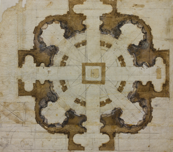Plan for the church of San Giovanni dei Fiorentini in Rome by Michelangelo, Florence, Casa Buonarroti. Click for larger image 