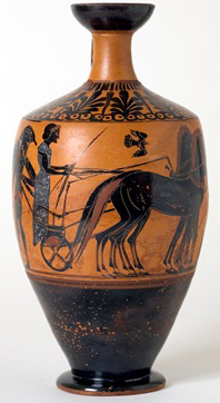 Black Figure Lekythos, 520 - 510 B.C. Phanyllis Group, Terracotta. Chrysler Museum of Art