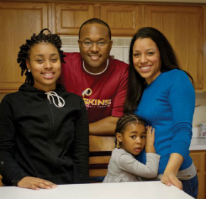 Nicole Lewis ’03 with her husband Donté ’03 and daughters (l to r) Nerissa, 13, and Naya, 3. Lewis uses her own experiences as a young mom to mentor teen parents. She raised her daughter Nerissa while a student at William & Mary.