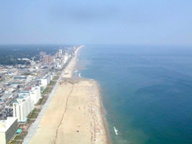Aerial view of beach nourishment underway at Virginia Beach. (Photo courtesy of Scott Hardaway)