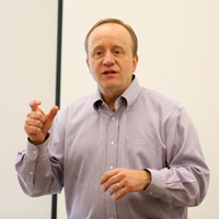 Paul Begala speaks to a class on Monday. (Photo by Stephen Salpukas)