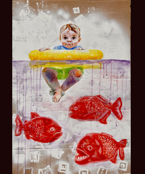 "Swimmin' with the fishes," acrylic and spray paint on cardboard (Photo courtesy of Norah Peterson)