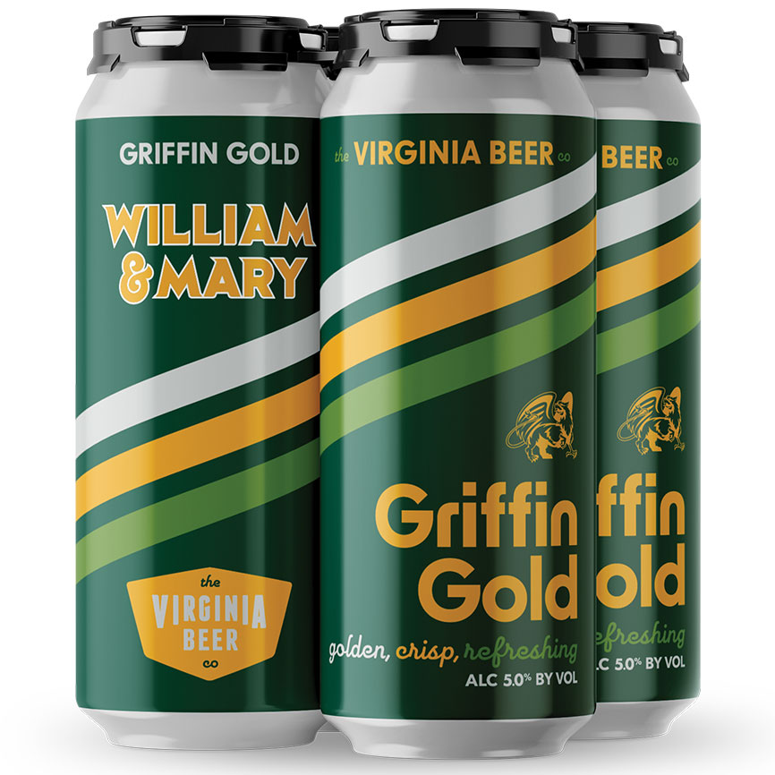 three cans of Griffin Gold beer featuring a dark green background and metallic stripes in silver, spirit gold and patina green.