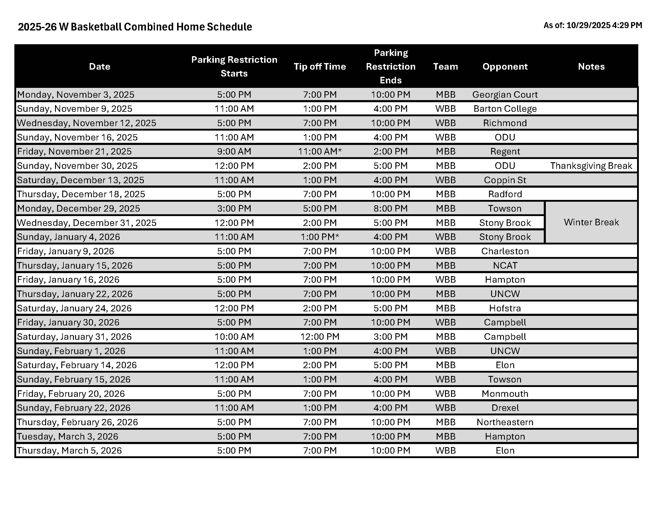 25-26 Home BB Game Schedule