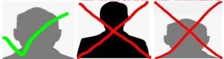 Three examples of photo submissions - one of a collarbone and head with a green checkmark, one of a half body with a red x, and one with a neck and head with a red x.
