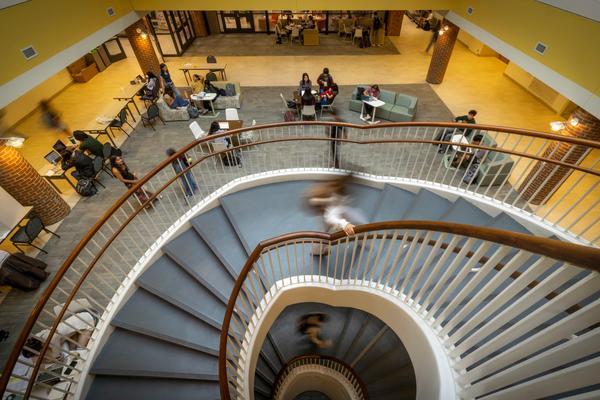 Spiral staircase in Sadler from aerial view