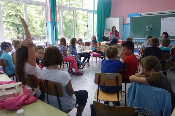 Christina Haleas '15 and her Bosnian co-teacher Ema Custovic lead their classroom at Isak Samokovlija school in Sarajevo, Bosnia-Herzogovina in 2014.