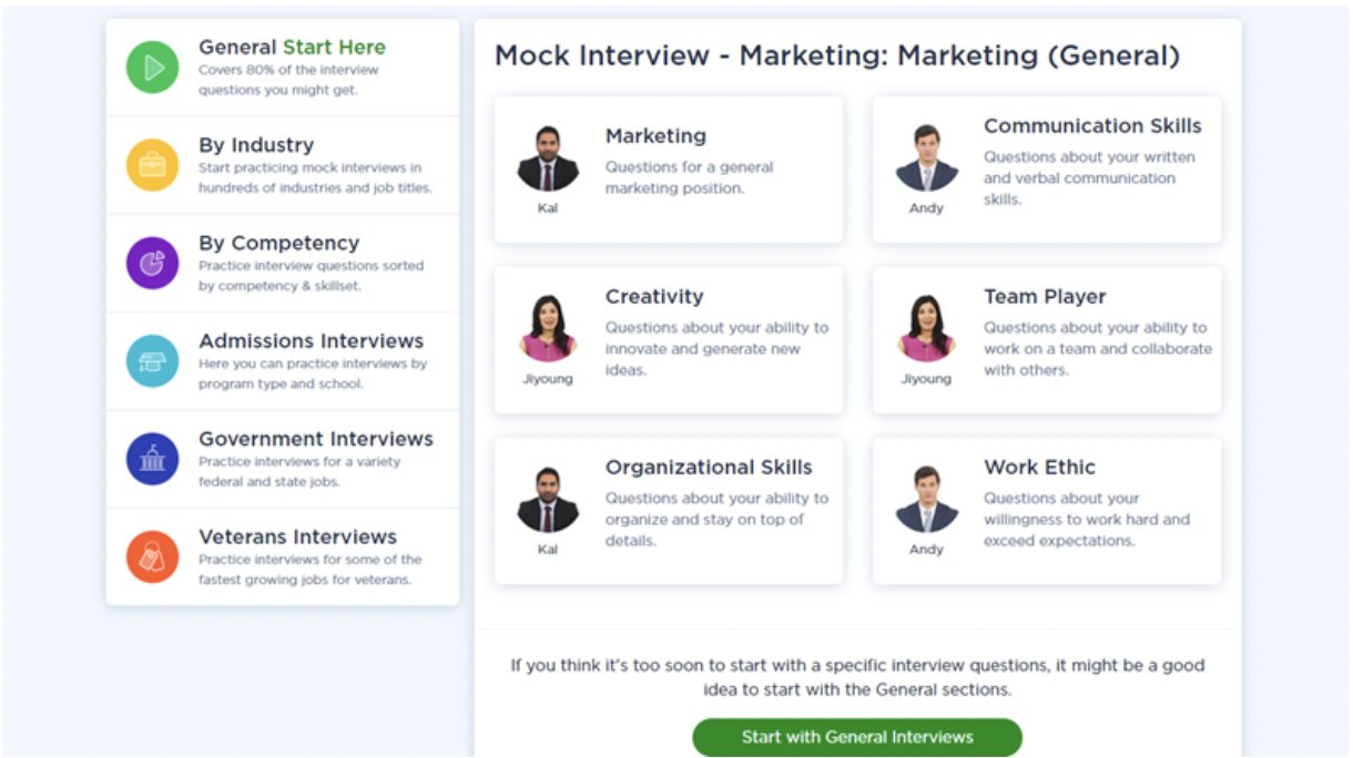 Screenshot showing categories of interview questions such as general, by industry, by competency and a break out of categories of interview questions by industry - Marketing.
