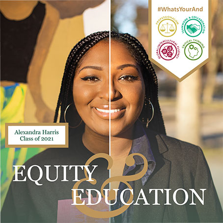A student with the word pairing "Equity & Education" overlaid. 