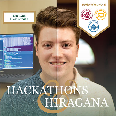 A student with the word pairing "Hackathons & Hiragana" overlaid.