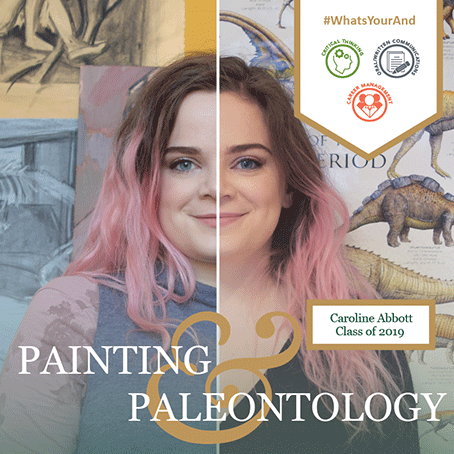 A student with the word pairing "Painting & Paleontology" overlaid. 
