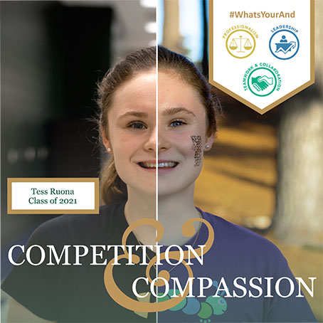 A student with the word pairing "Competition & Compassion" overlaid. 