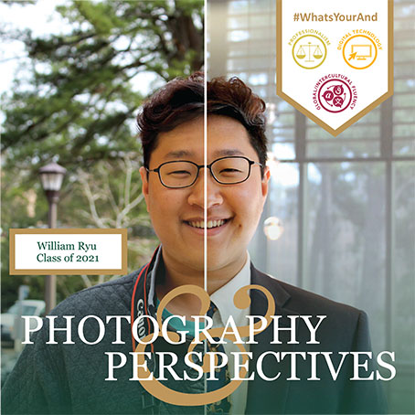 A student with the word pairing "Photography  & Perspective" overlaid. 