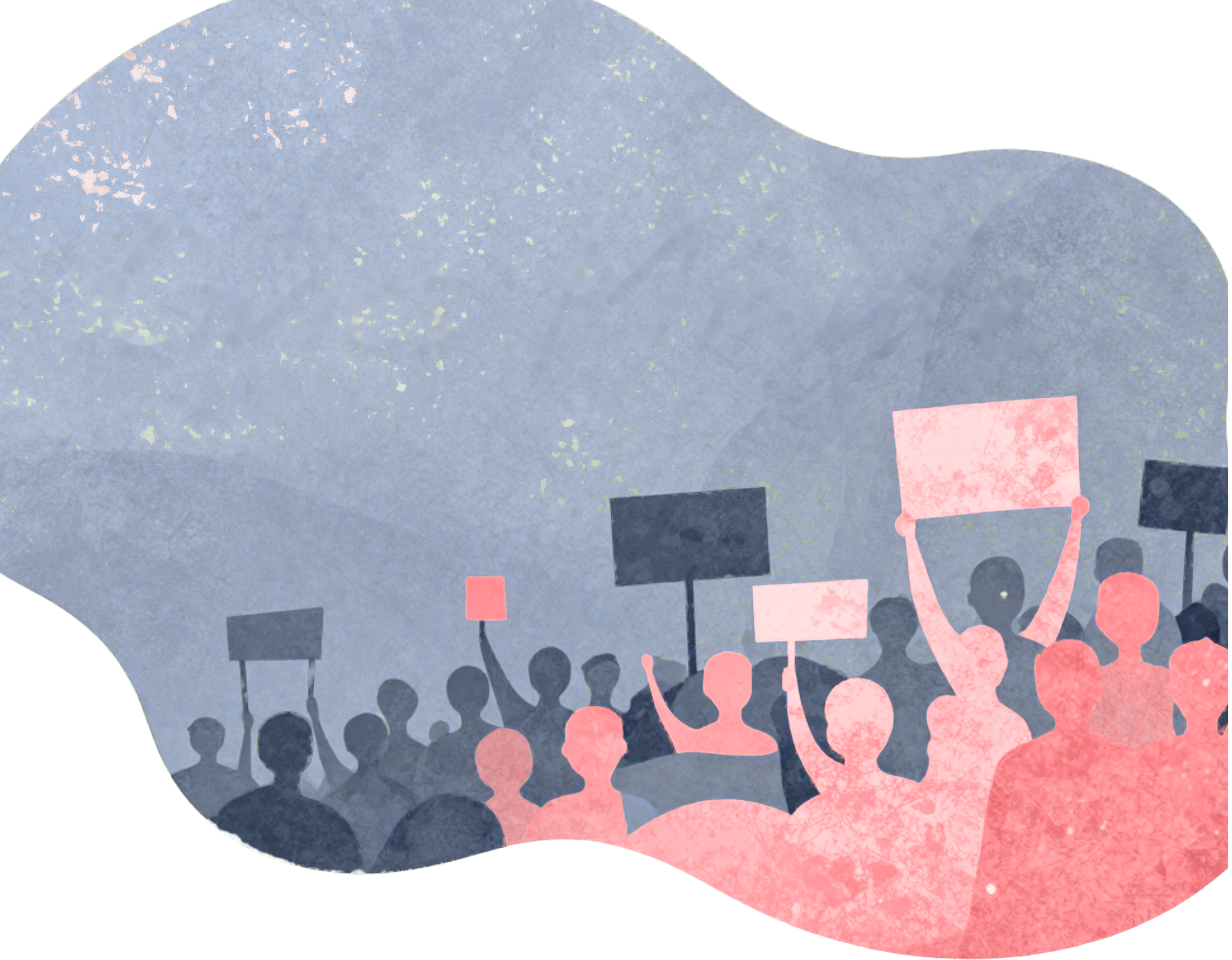 A red, white and blue image depicting illustrations of many people holding signs