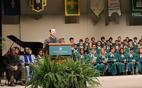 Speake addresses the audience at the baccalaureate ceremony during commencement. 