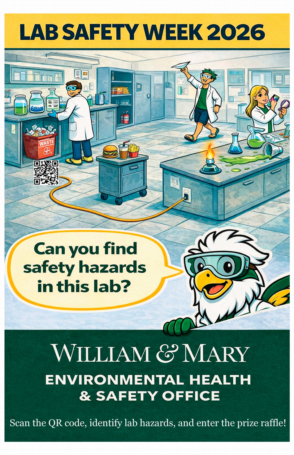 Laboratory with hazards that must be identified by scanning a QR code