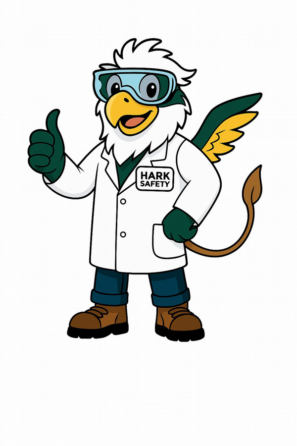 EH&amp;S Dept. Safety Mascot, Hark, dressed in a lab coat giving a thumbs up