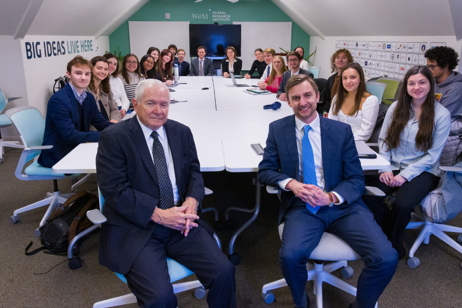 Chancellor Gates and Dr. Ryan Musto sit with W&M students after a seminar